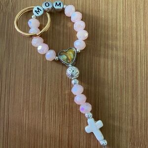 Pink Beaded One Decade Rosary ‘MOM’ Keychain with Stone Cross & Lady of Lourdes